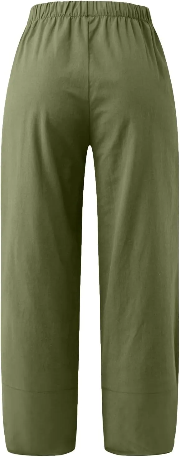 Women Linen Blend Summer Pull On Pants Low Waist Wide Leg Plus Size Palazzo Lounge Pants Vacation