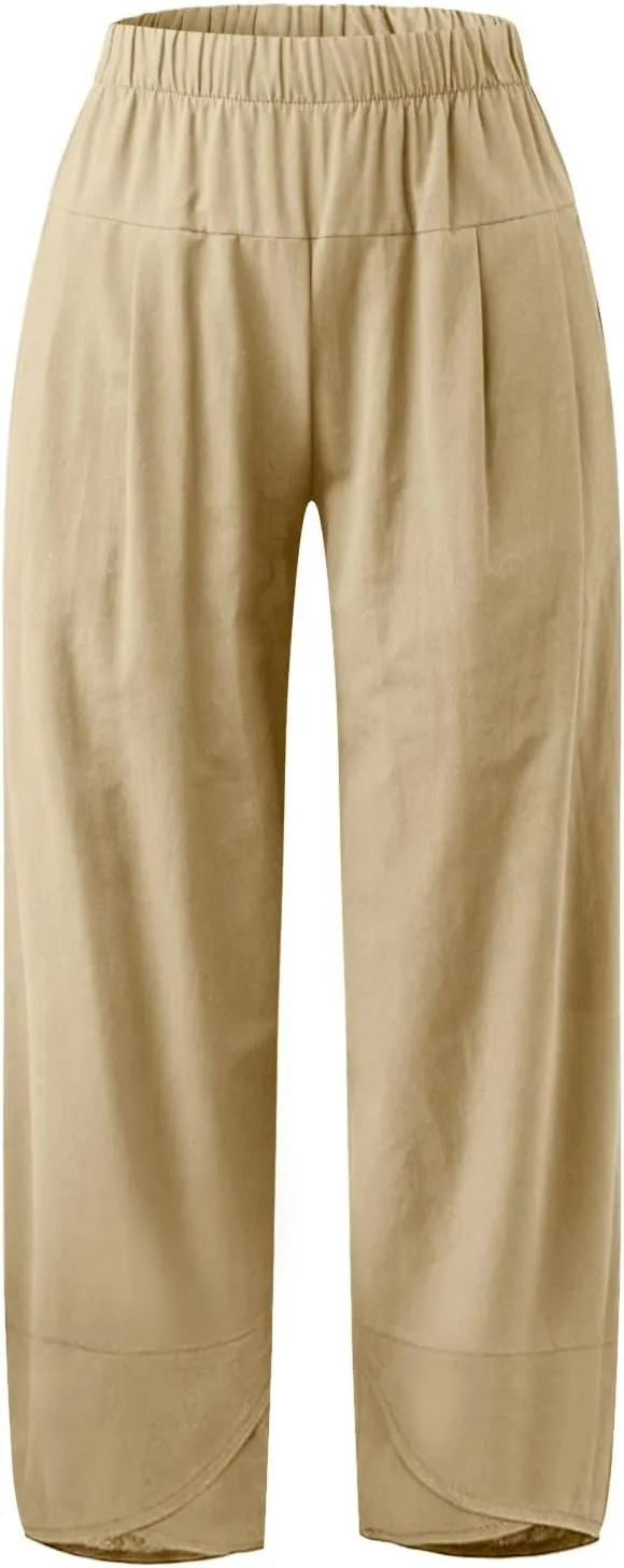 Women Linen Blend Summer Pull On Pants Low Waist Wide Leg Plus Size Palazzo Lounge Pants Vacation