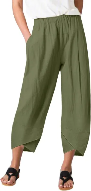 Women Linen Blend Summer Pull On Pants Low Waist Wide Leg Plus Size Palazzo Lounge Pants Vacation