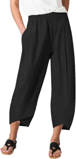 Women Linen Blend Summer Pull On Pants Low Waist Wide Leg Plus Size Palazzo Lounge Pants Vacation