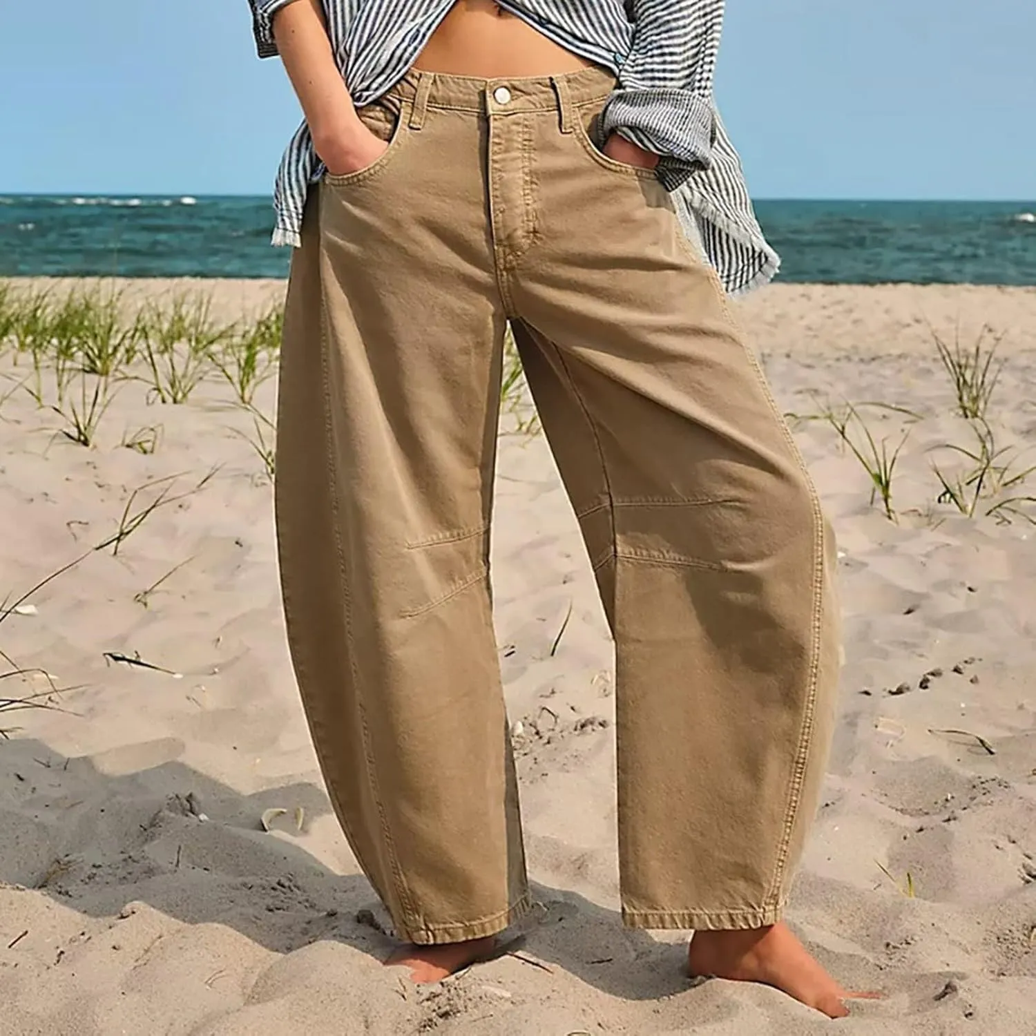 Women Linen Blend Summer Split Flowy Pants High Waist Wide Leg Slim Fit Trousers Work Business