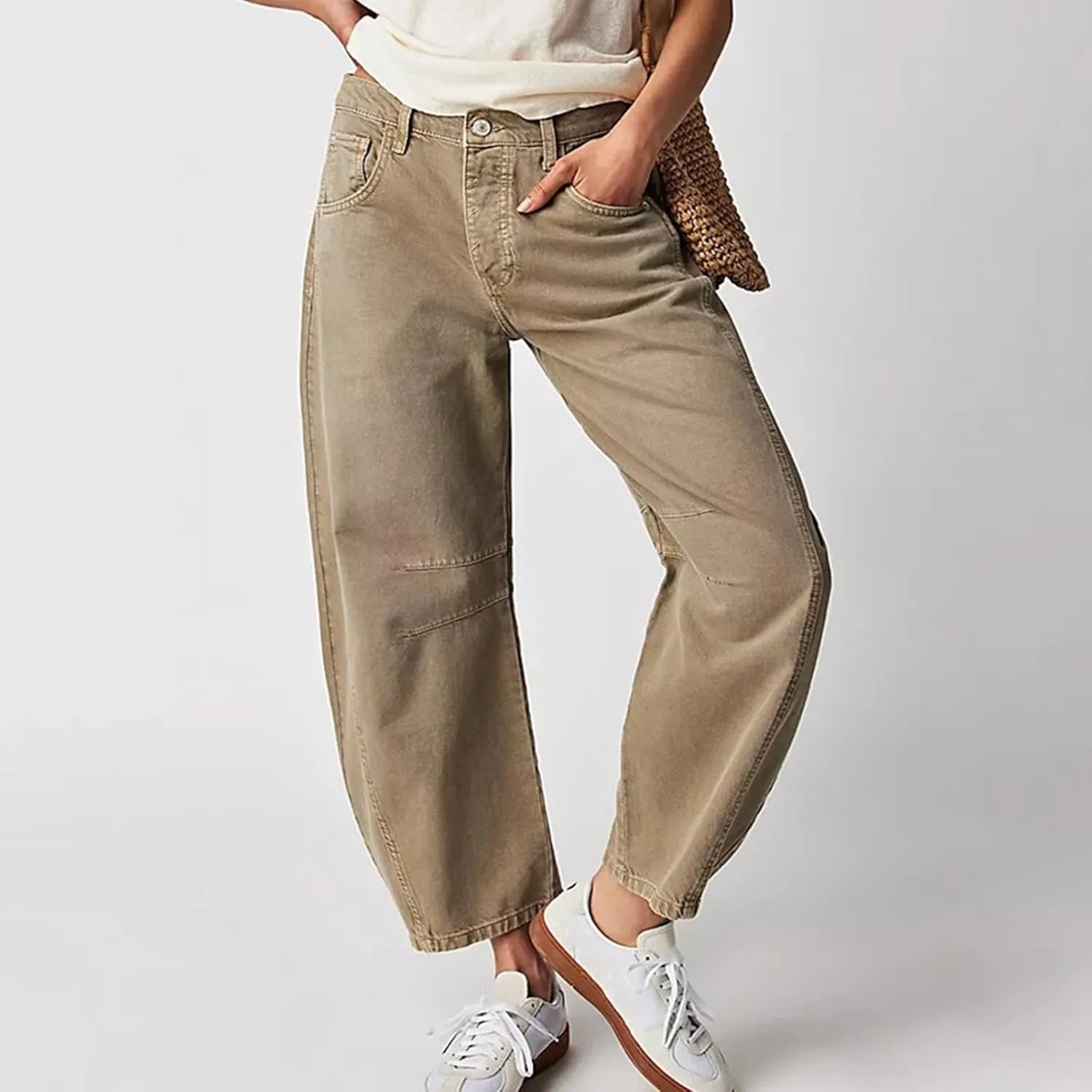 Women Linen Blend Summer Split Flowy Pants High Waist Wide Leg Slim Fit Trousers Work Business