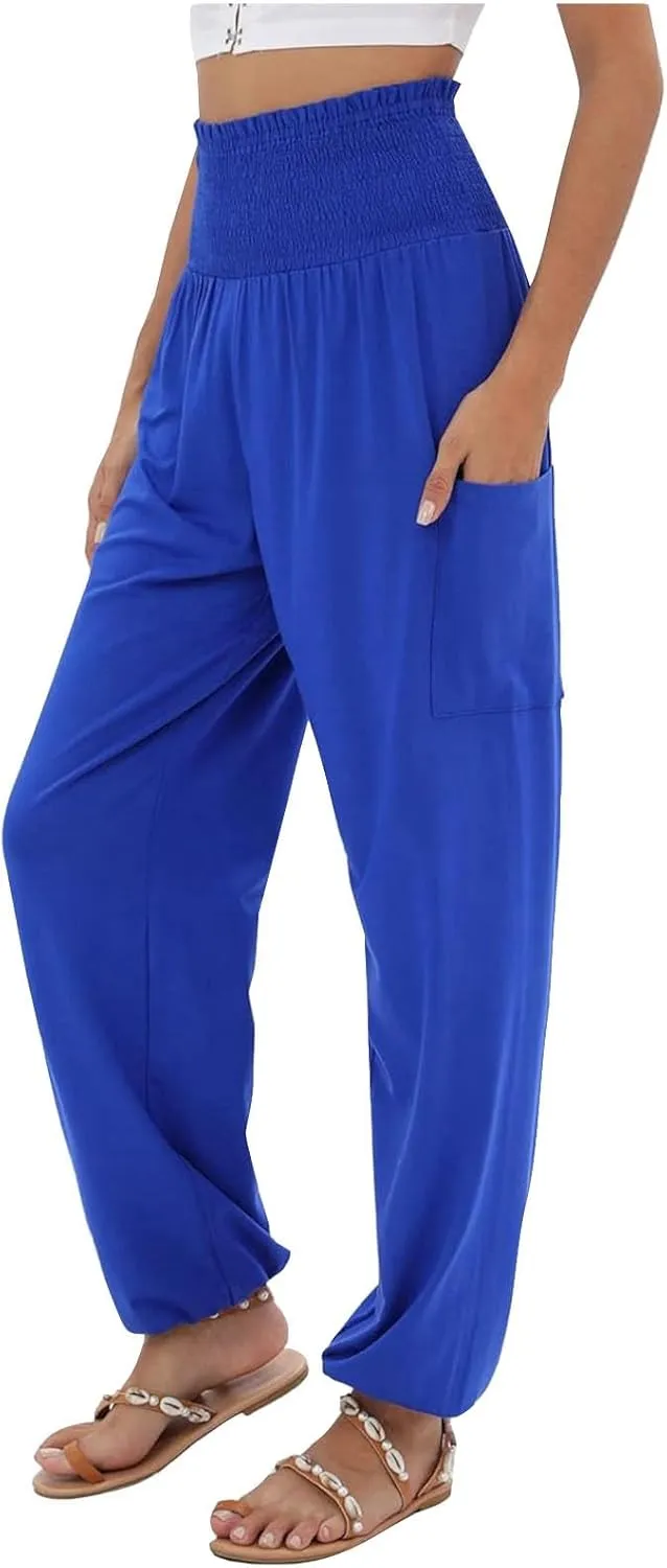 Women Linen Blend Summer Striped Palazzo Pants Elastic Waist Baggy Stretchy Slim-Fit Palazzo Lounge Pants