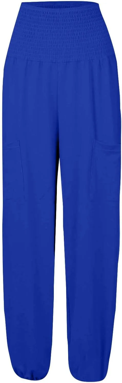Women Linen Blend Summer Striped Palazzo Pants Elastic Waist Baggy Stretchy Slim-Fit Palazzo Lounge Pants
