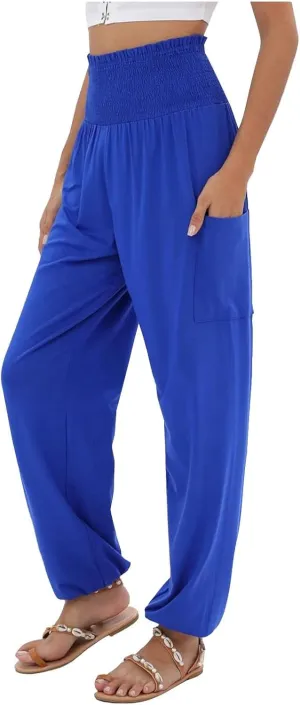 Women Linen Blend Summer Striped Palazzo Pants Elastic Waist Baggy Stretchy Slim-Fit Palazzo Lounge Pants