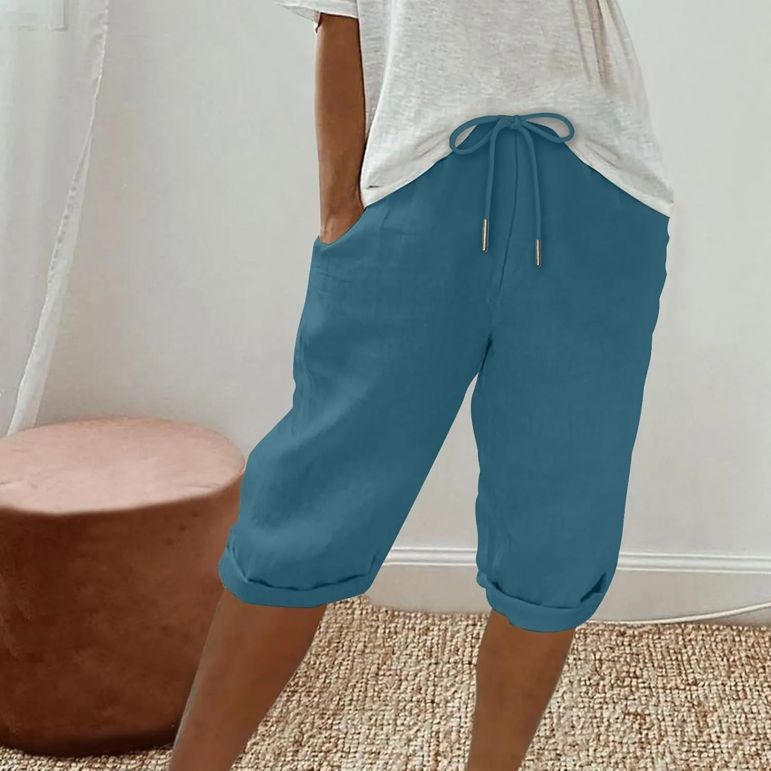 Women Linen Capri Pants Summer Drawstring Elastic Waisted Drawstring Shorts Ladies Casual Beach Pant with Pockets
