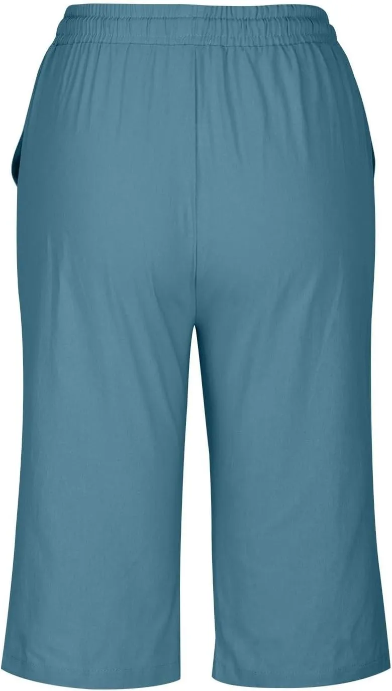Women Linen Capri Pants Summer Drawstring Elastic Waisted Drawstring Shorts Ladies Casual Beach Pant with Pockets