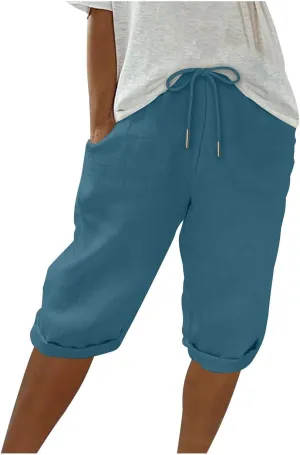 Women Linen Capri Pants Summer Drawstring Elastic Waisted Drawstring Shorts Ladies Casual Beach Pant with Pockets
