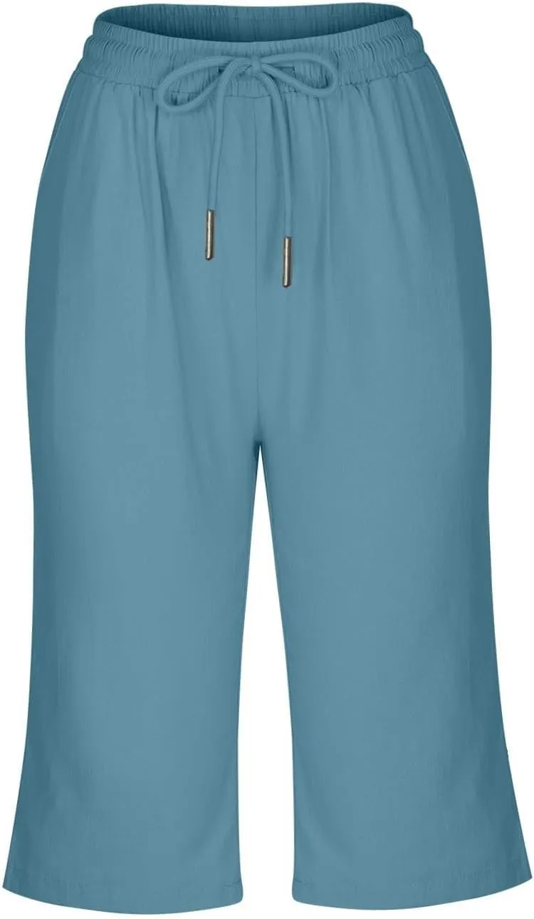 Women Linen Capri Pants Summer Drawstring Elastic Waisted Drawstring Shorts Ladies Casual Beach Pant with Pockets