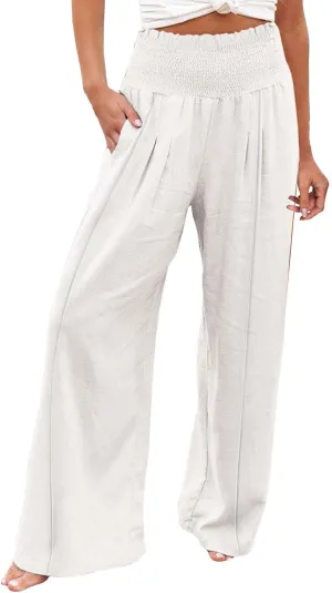 Women Linen Palazzo Pants Summer High Waisted Casual Wide Leg Long Lounge Beach Flowy Vintage Print Pant with Pocket