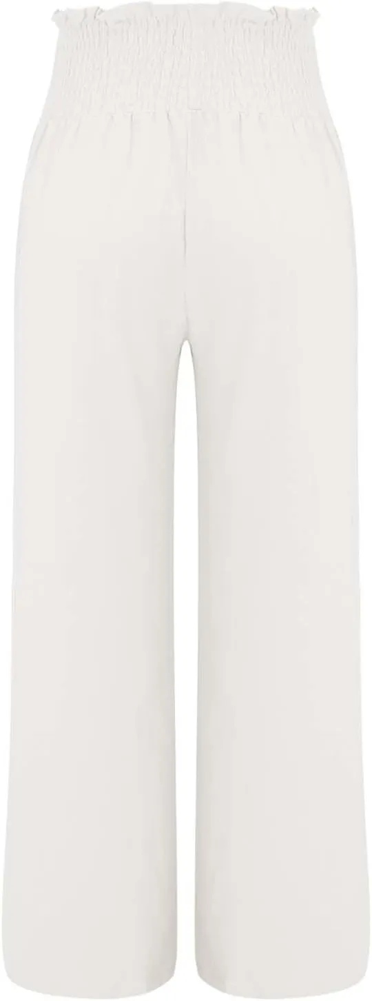 Women Linen Palazzo Pants Summer High Waisted Casual Wide Leg Long Lounge Beach Flowy Vintage Print Pant with Pocket