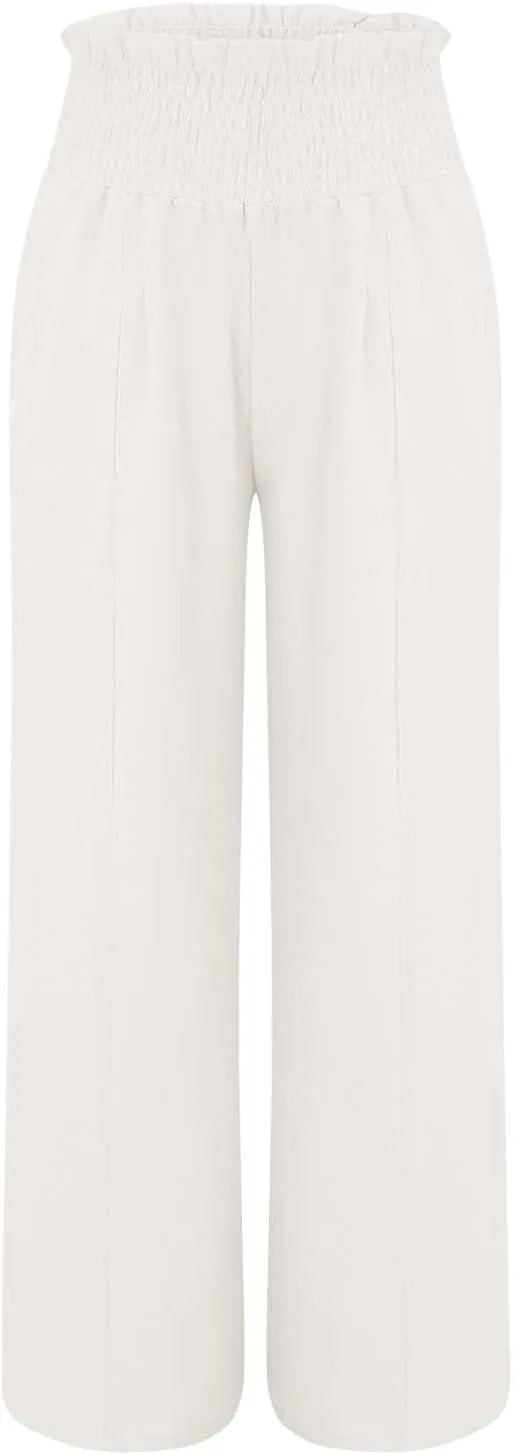 Women Linen Palazzo Pants Summer High Waisted Casual Wide Leg Long Lounge Beach Flowy Vintage Print Pant with Pocket