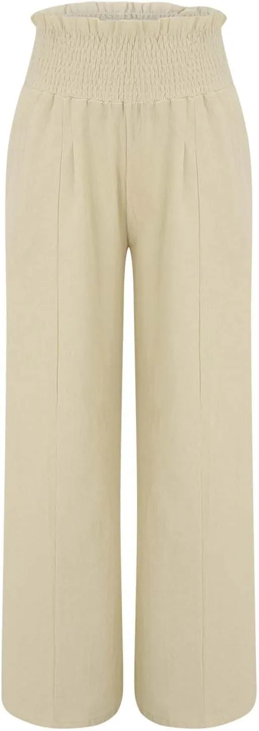 Women Linen Palazzo Pants Summer High Waisted Casual Wide Leg Long Lounge Beach Flowy Vintage Print Pant with Pocket