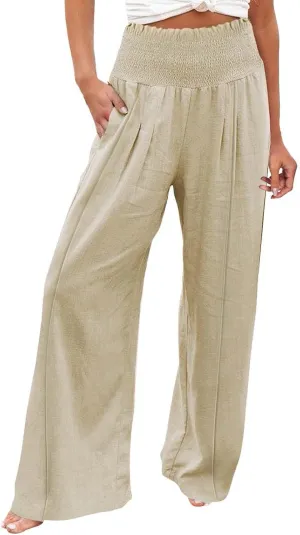 Women Linen Palazzo Pants Summer High Waisted Casual Wide Leg Long Lounge Beach Flowy Vintage Print Pant with Pocket