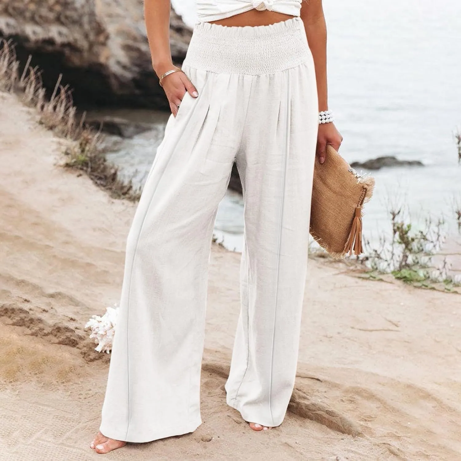 Women Linen Palazzo Pants Summer High Waisted Casual Wide Leg Long Lounge Beach Flowy Vintage Print Pant with Pocket