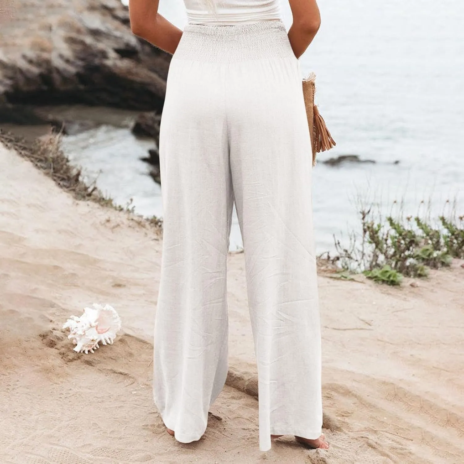 Women Linen Palazzo Pants Summer High Waisted Casual Wide Leg Long Lounge Beach Flowy Vintage Print Pant with Pocket