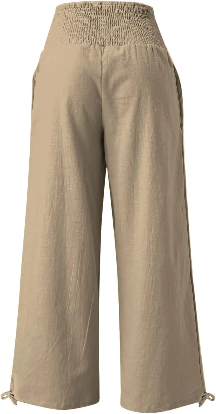 Women Linen Palazzo Pants Summer Wide Leg High Waist Casual Slacks Boho Beach Travel Plus Size Trousers with Pockets