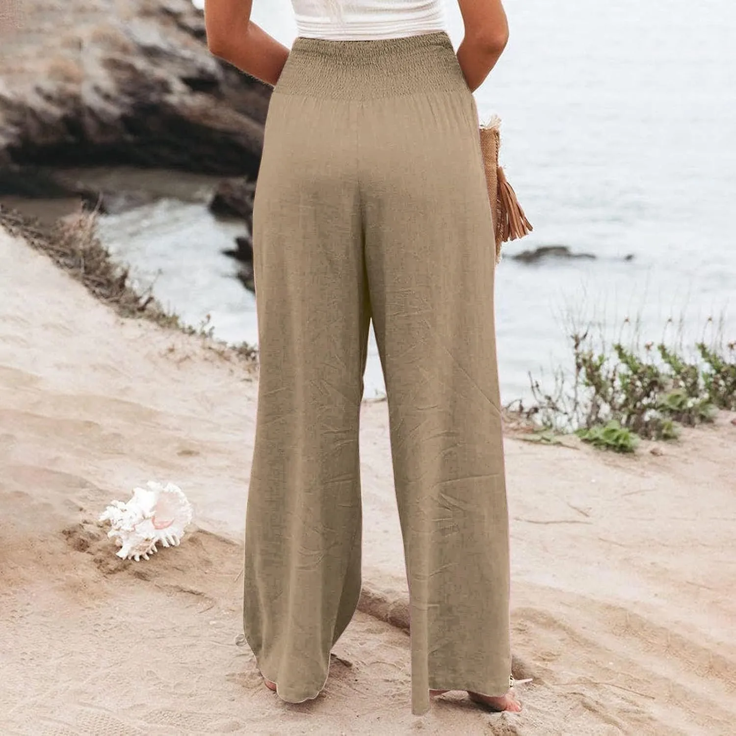 Women Linen Palazzo Pants Summer Wide Leg High Waist Casual Slacks Boho Beach Travel Plus Size Trousers with Pockets