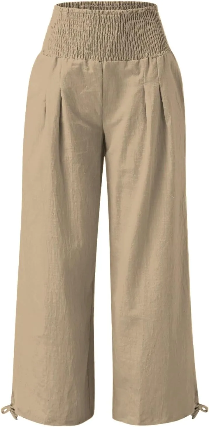 Women Linen Palazzo Pants Summer Wide Leg High Waist Casual Slacks Boho Beach Travel Plus Size Trousers with Pockets
