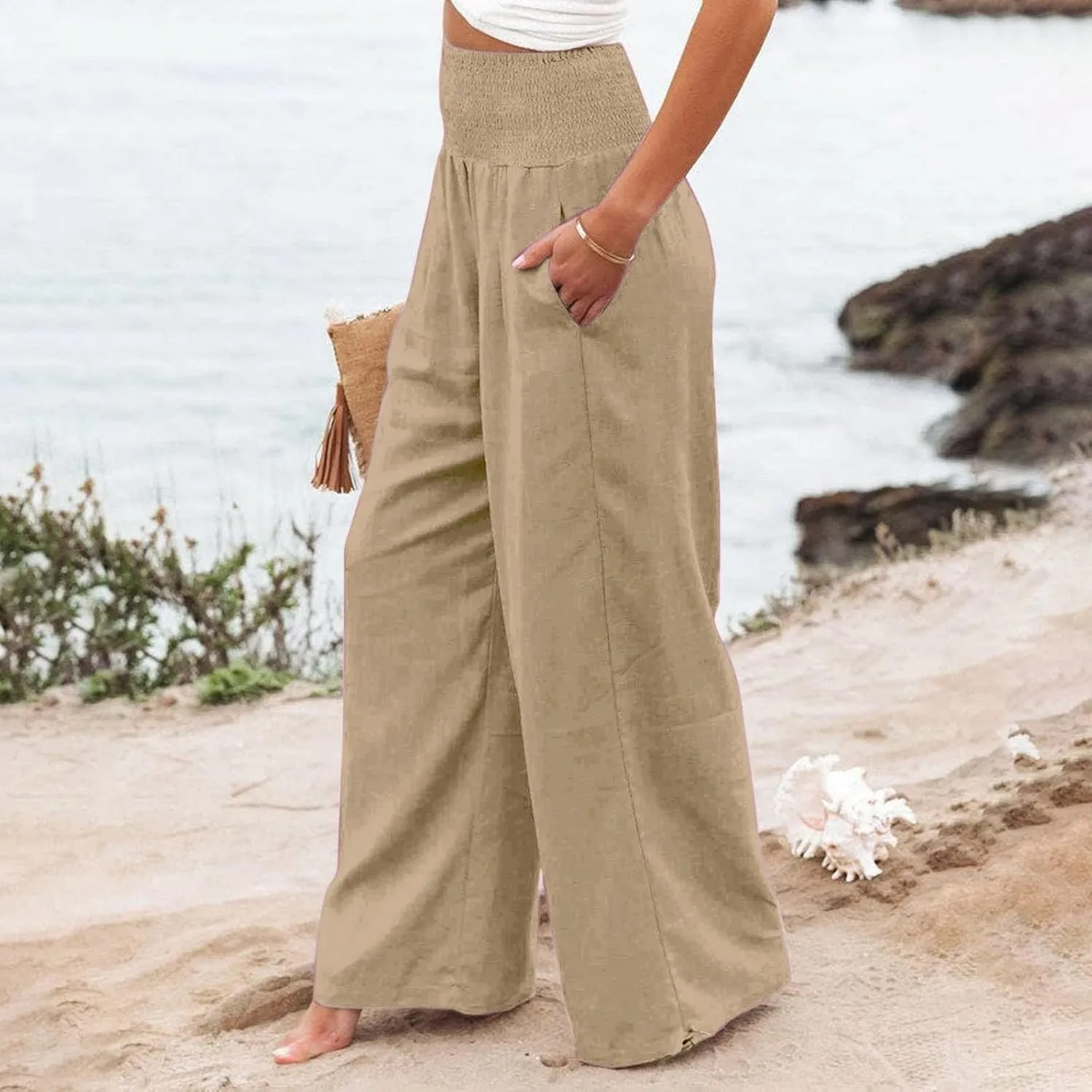 Women Linen Palazzo Pants Summer Wide Leg High Waist Casual Slacks Boho Beach Travel Plus Size Trousers with Pockets