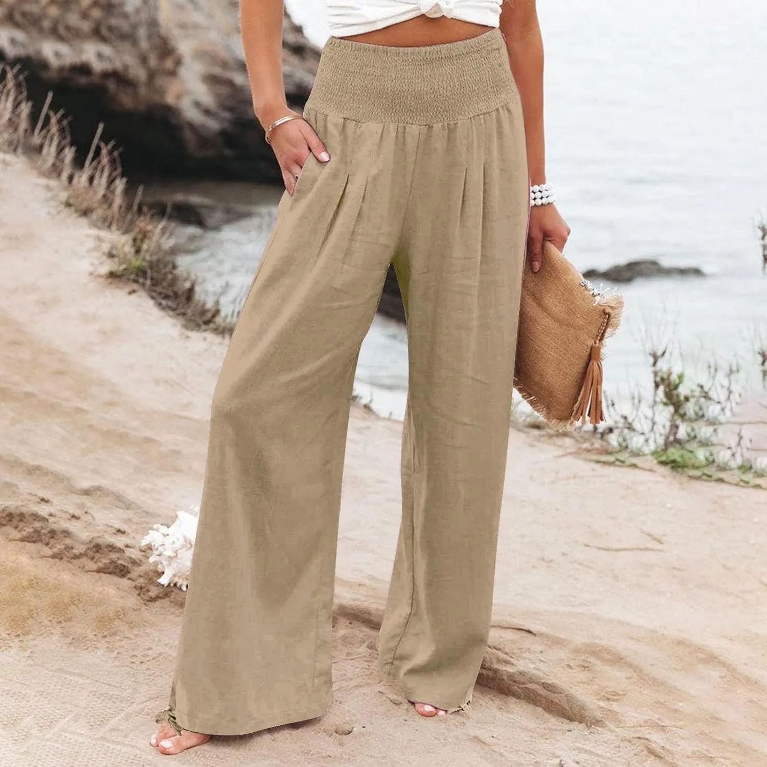 Women Linen Palazzo Pants Summer Wide Leg High Waist Casual Slacks Boho Beach Travel Plus Size Trousers with Pockets