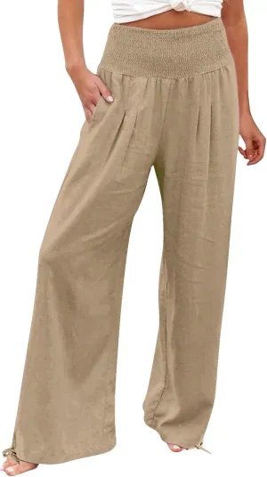 Women Linen Palazzo Pants Summer Wide Leg High Waist Casual Slacks Boho Beach Travel Plus Size Trousers with Pockets