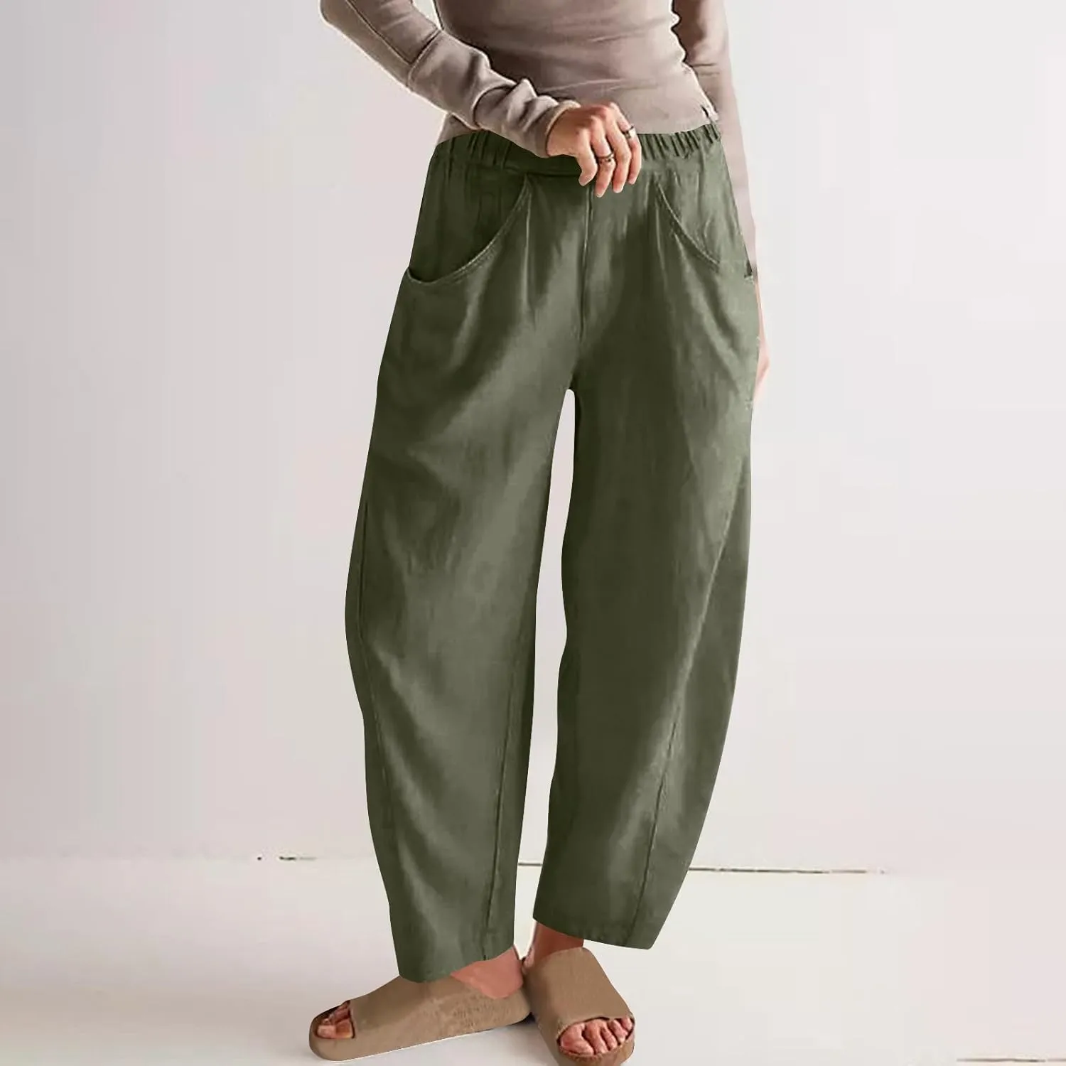 Women Linen Pants Elastic Waisted Beach Pants for Women Baggy Casual Wide Leg Palazzo Harem Trousers with Pockets