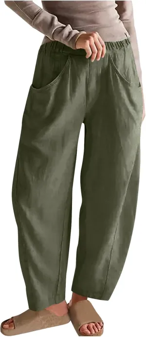 Women Linen Pants Elastic Waisted Beach Pants for Women Baggy Casual Wide Leg Palazzo Harem Trousers with Pockets