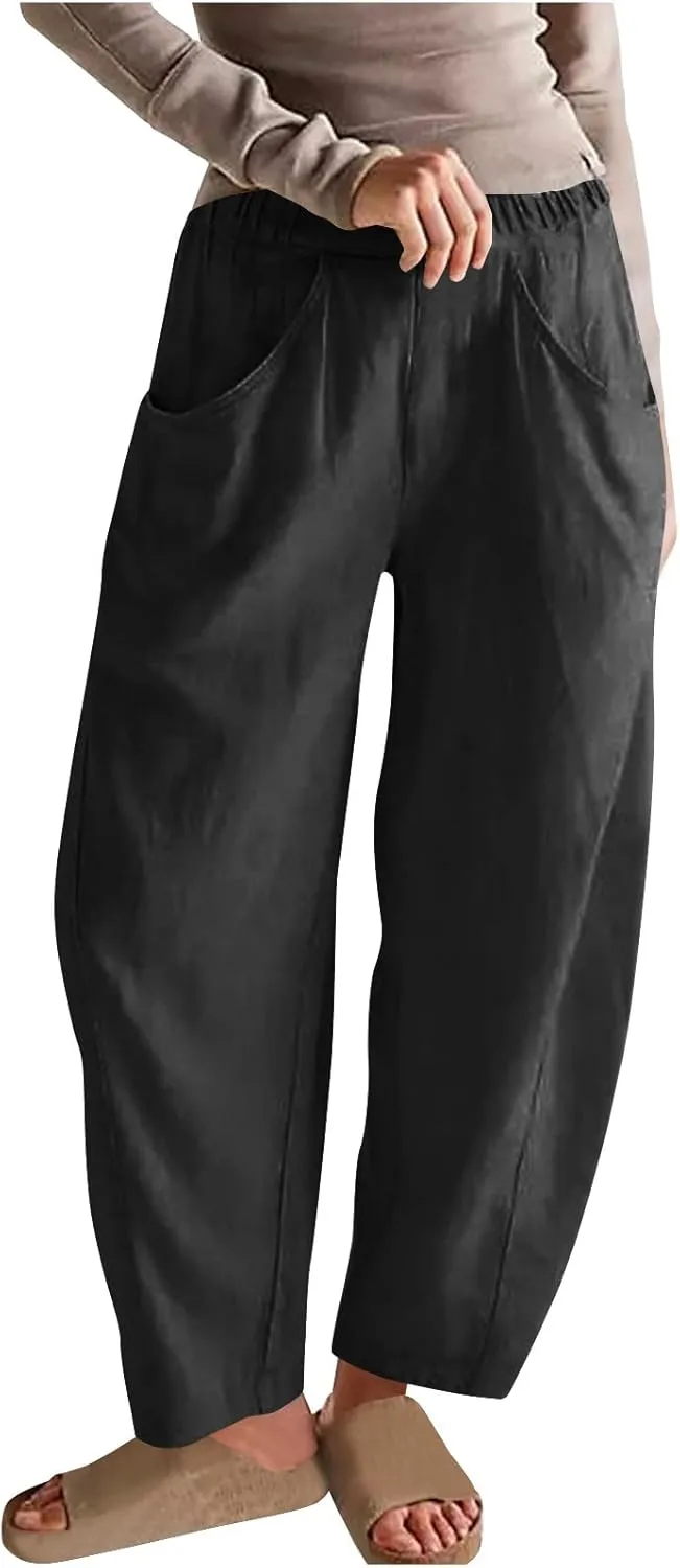 Women Linen Pants Elastic Waisted Beach Pants for Women Baggy Casual Wide Leg Palazzo Harem Trousers with Pockets