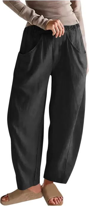 Women Linen Pants Elastic Waisted Beach Pants for Women Baggy Casual Wide Leg Palazzo Harem Trousers with Pockets