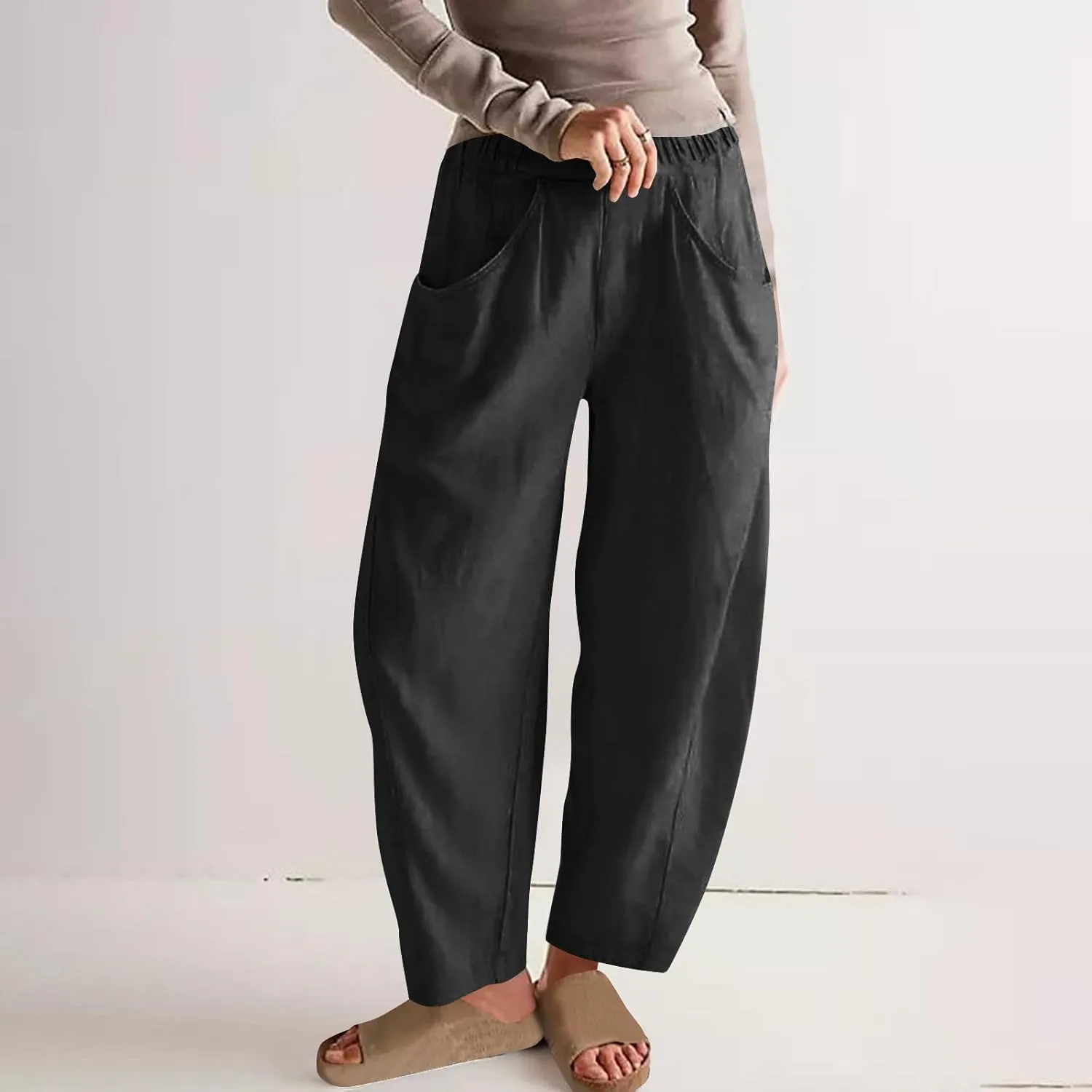 Women Linen Pants Elastic Waisted Beach Pants for Women Baggy Casual Wide Leg Palazzo Harem Trousers with Pockets