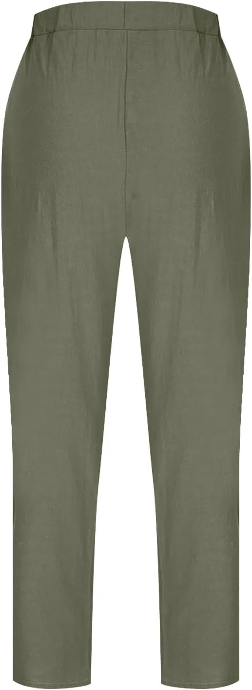 Women Linen Pants Elastic Waisted Beach Pants for Women Baggy Casual Wide Leg Palazzo Harem Trousers with Pockets