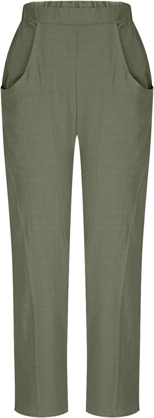 Women Linen Pants Elastic Waisted Beach Pants for Women Baggy Casual Wide Leg Palazzo Harem Trousers with Pockets