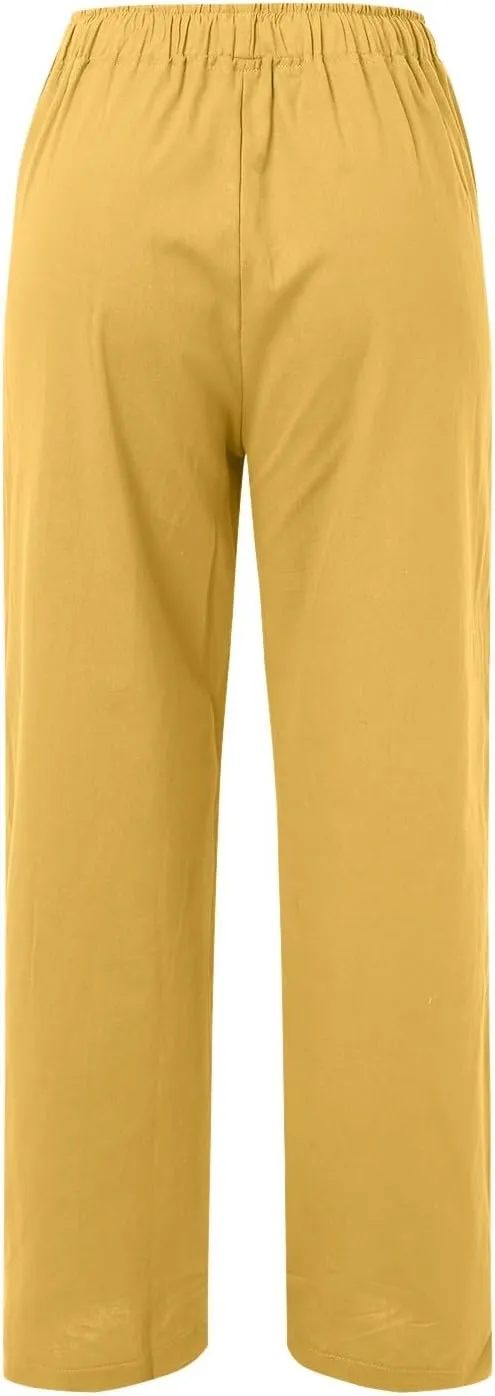 Women Linen Summer Boho Pants High Waist Long Lounge Slim-Fit Pants Business Work