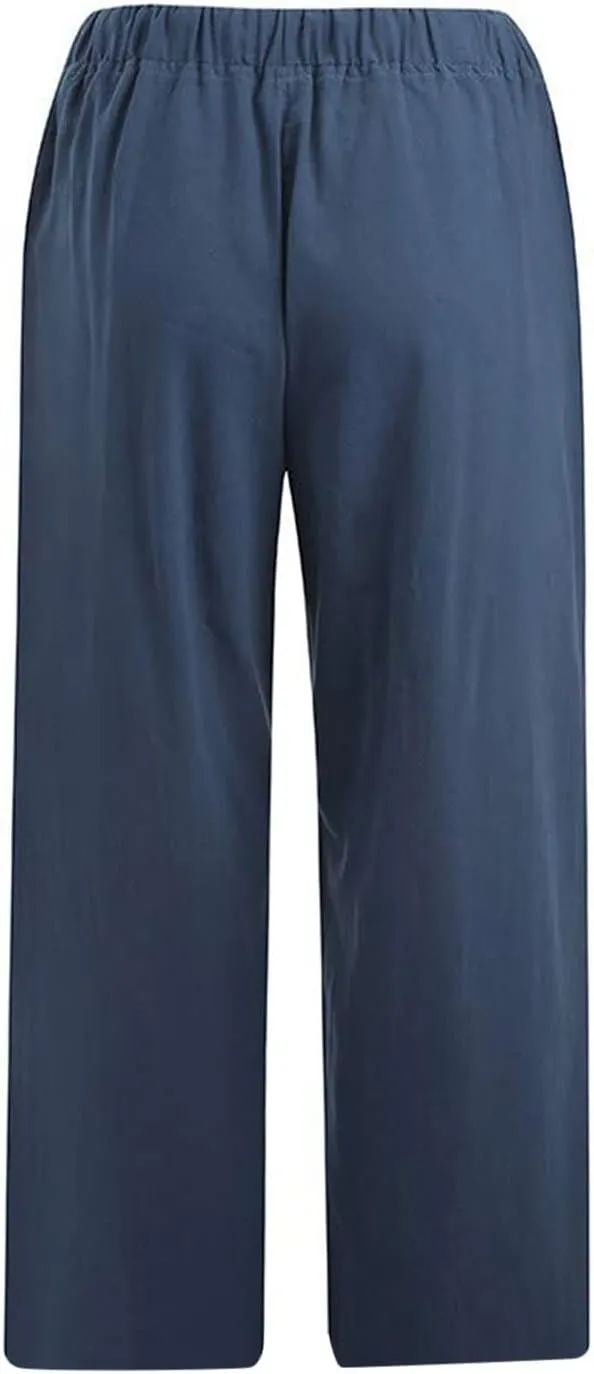 Women Linen Summer Cropped Palazzo Pants Low Waist Wide Leg Slim Fit Palazzo Lounge Pants Trendy