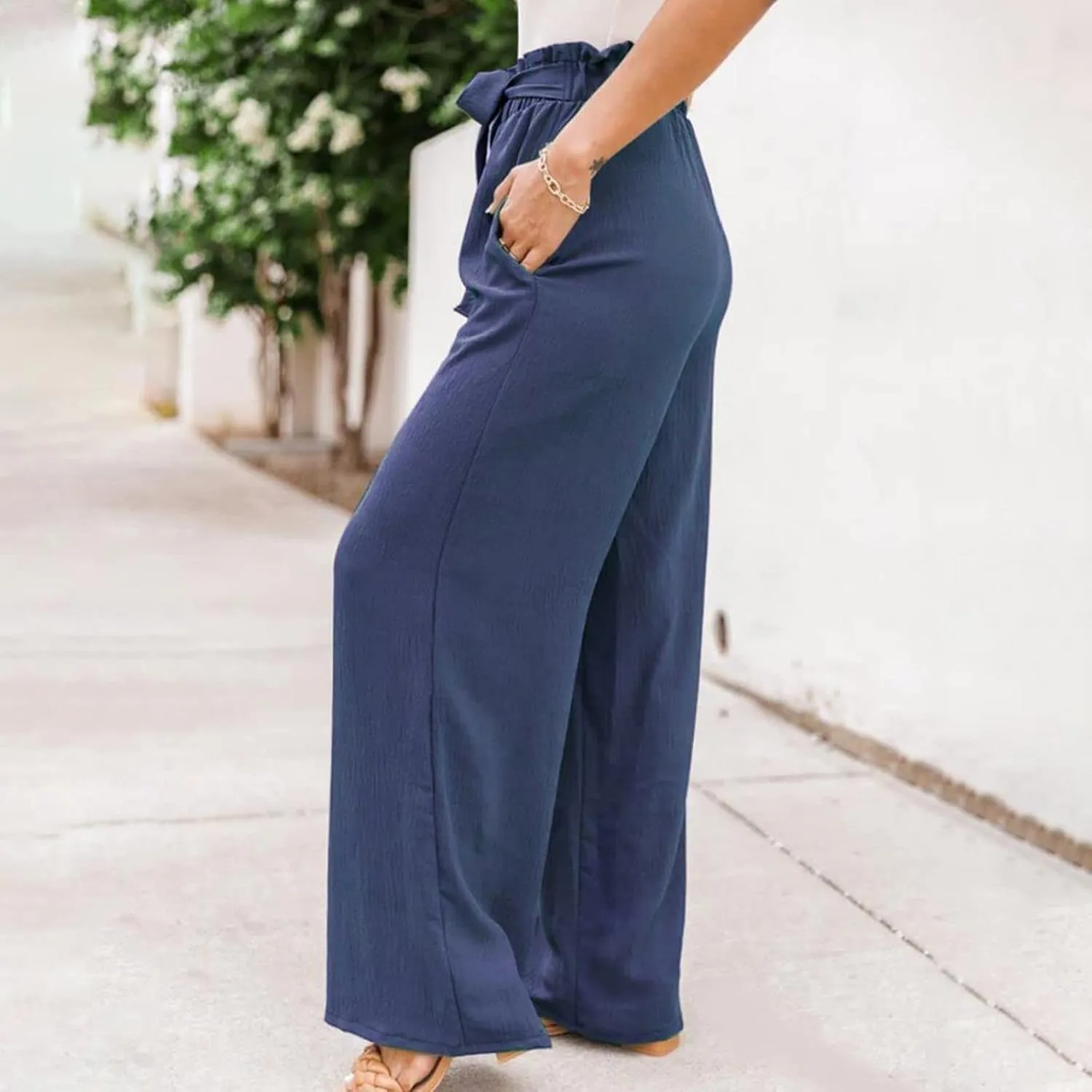 Women Linen Summer Printed Palazzo Pants Elastic Waisted Stretchy Plus Size Palazzo Pants Travel