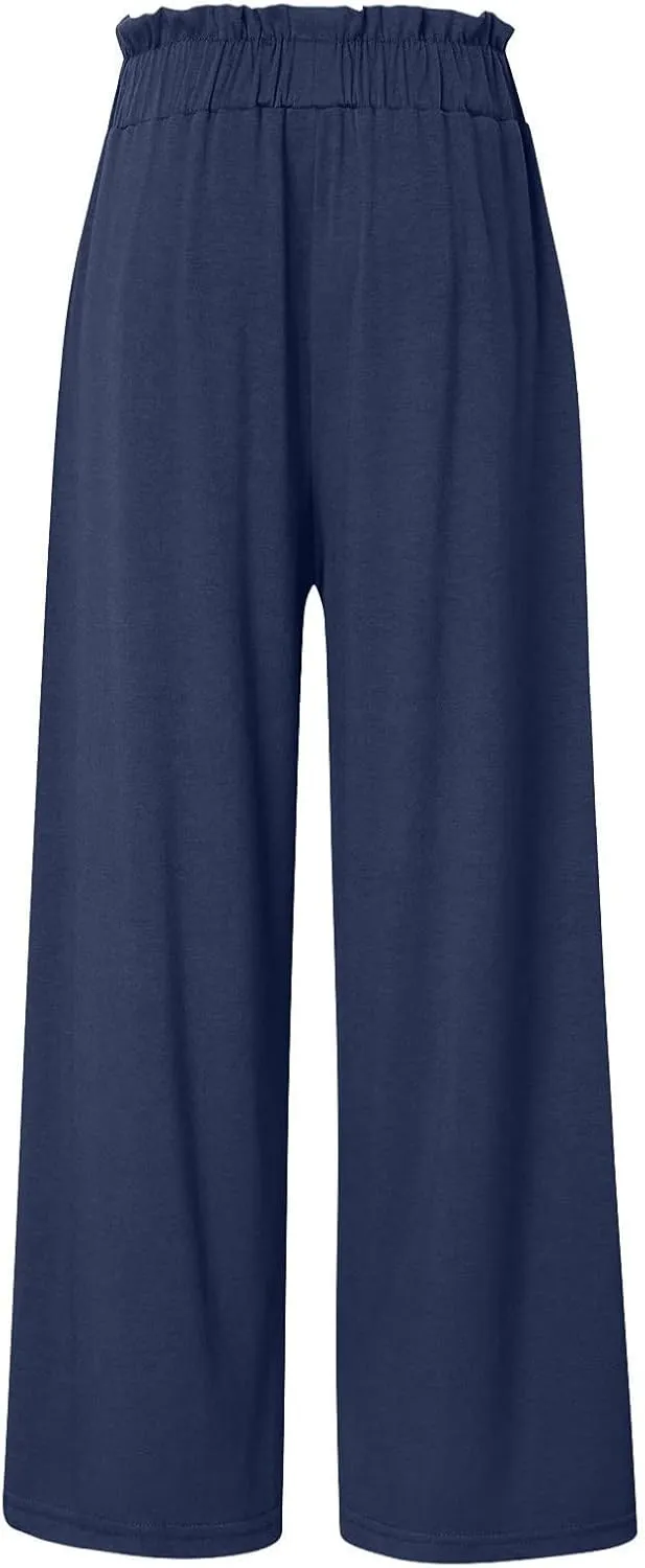 Women Linen Summer Printed Palazzo Pants Elastic Waisted Stretchy Plus Size Palazzo Pants Travel