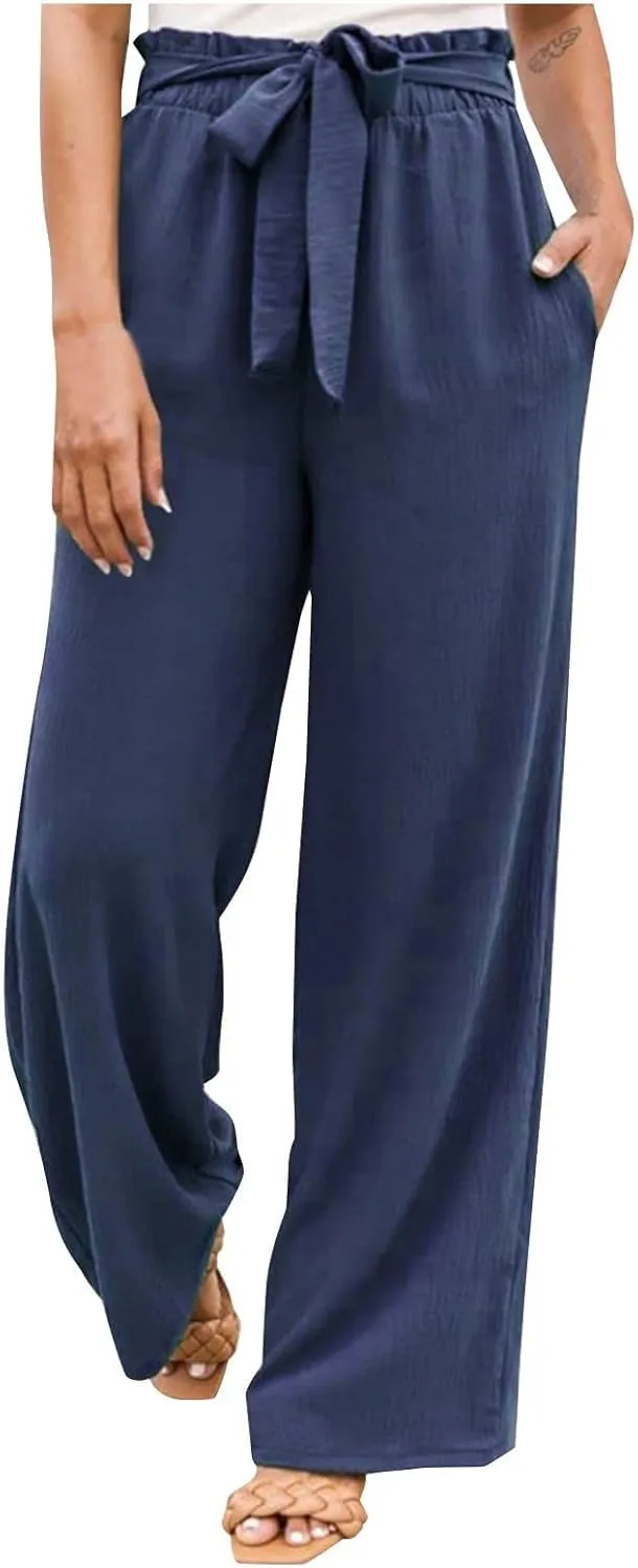 Women Linen Summer Printed Palazzo Pants Elastic Waisted Stretchy Plus Size Palazzo Pants Travel