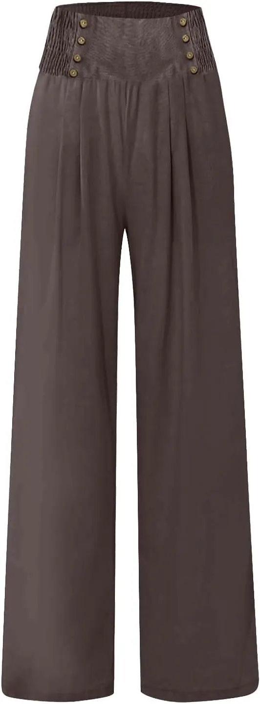 Women Linen Summer Pull On Pant Trousers Elastic Waisted Long Lounge Loose Fit Palazzo Lounge Pants Travel
