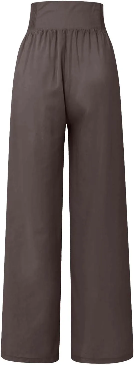 Women Linen Summer Pull On Pant Trousers Elastic Waisted Long Lounge Loose Fit Palazzo Lounge Pants Travel