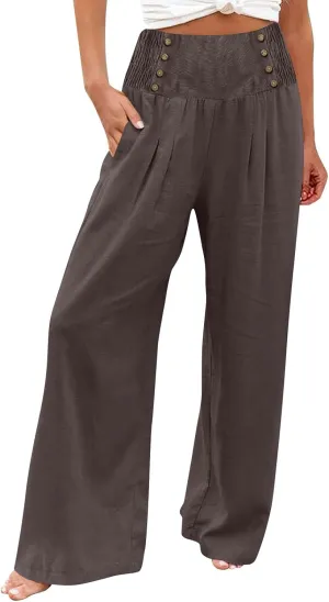 Women Linen Summer Pull On Pant Trousers Elastic Waisted Long Lounge Loose Fit Palazzo Lounge Pants Travel