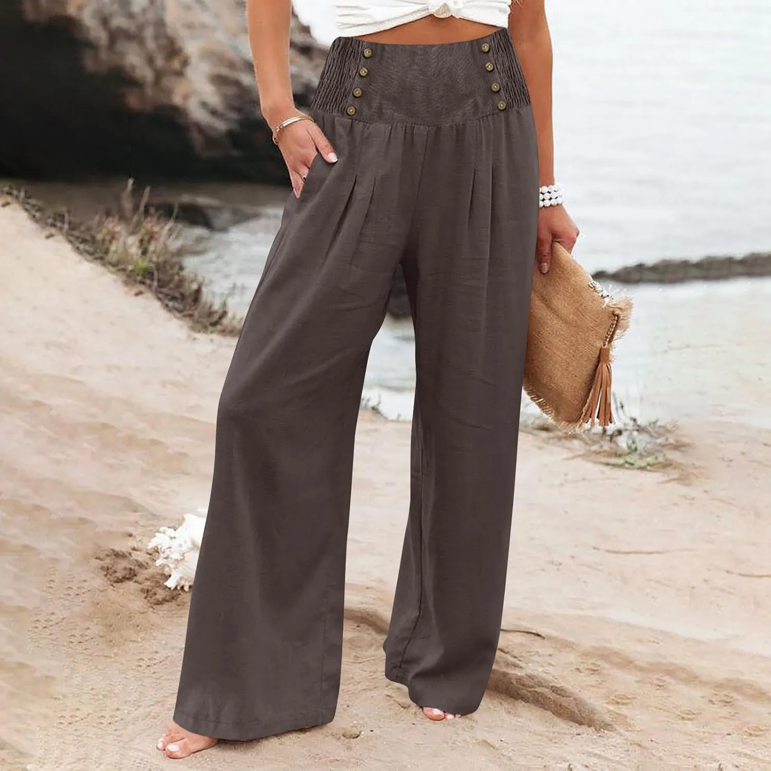 Women Linen Summer Pull On Pant Trousers Elastic Waisted Long Lounge Loose Fit Palazzo Lounge Pants Travel