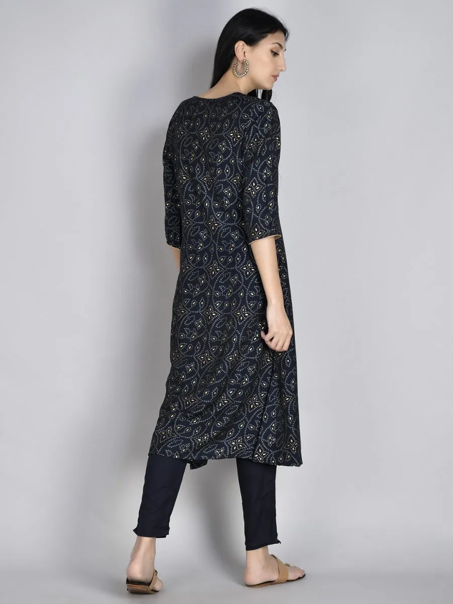 Women Navy Blue Geometric Printed Kurta With Trouser