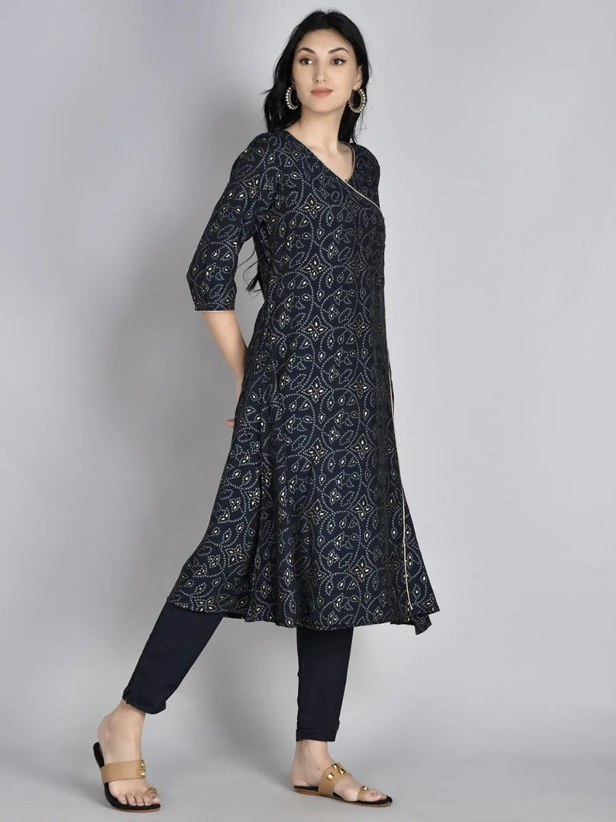 Women Navy Blue Geometric Printed Kurta With Trouser