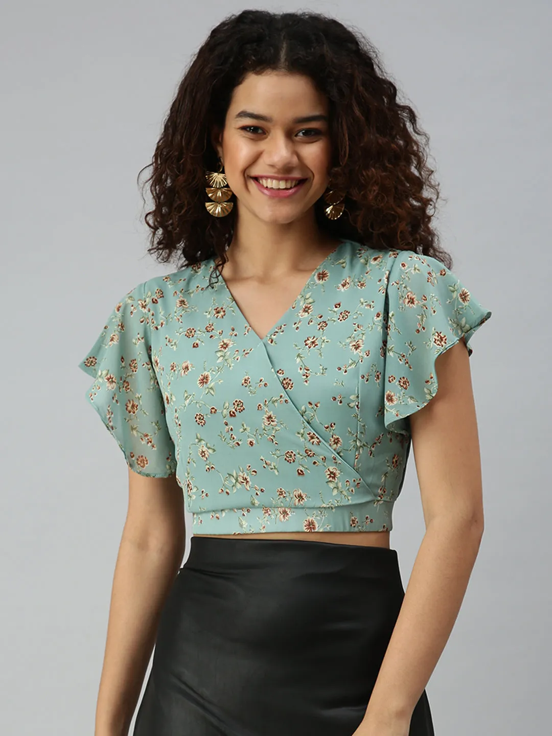 Women Sea Green Floral Print Georgette Wrap Crop Top