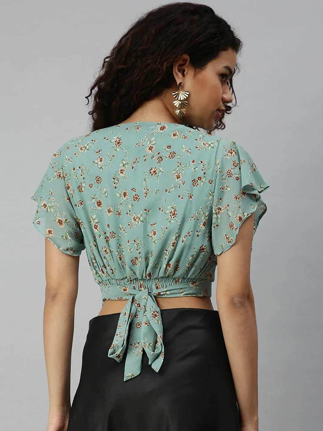 Women Sea Green Floral Print Georgette Wrap Crop Top