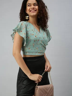 Women Sea Green Floral Print Georgette Wrap Crop Top