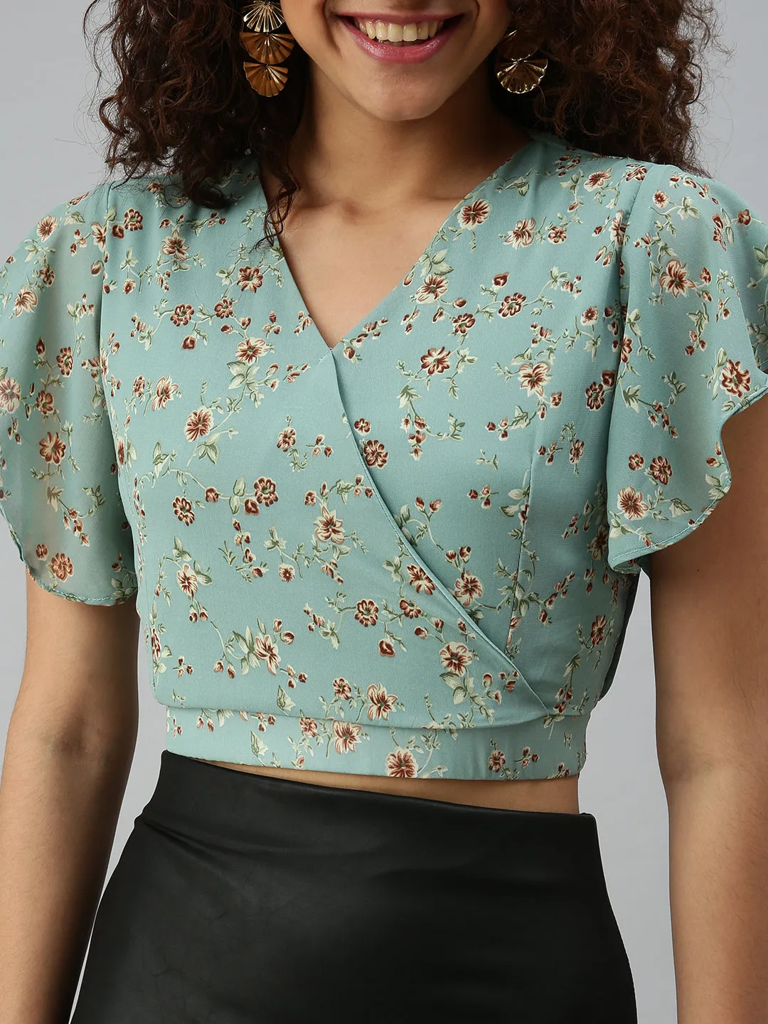 Women Sea Green Floral Print Georgette Wrap Crop Top