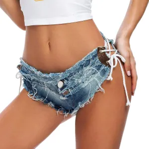 Women Sexy Cut Off Low Waist Denim Jeans Shorts Mini Ripped Distressed Frayed Hot Pants Lace Up Beaches Club