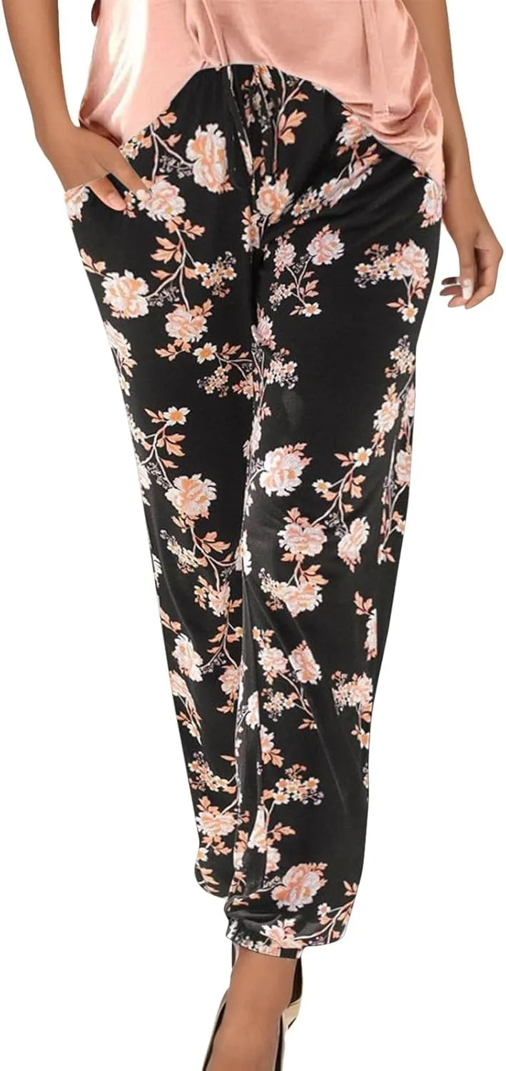 Women Wide Leg High Waist Drawstring Palazzo Pants Casual Summer Flowy Boho Beach Harem Slacks Printed Linen Trousers